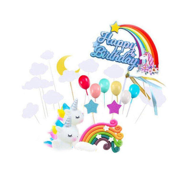 21Pcs/Set Unicorn Cake Topper Kit Cloud Rainbow Happy Birthday Banner Decoration - Aimall