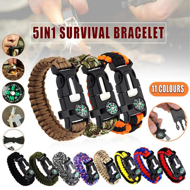 Flint Fire Starter 5in1 Survival Paracord Bracelet Whistle Compass Gear Tool Kit - Aimall