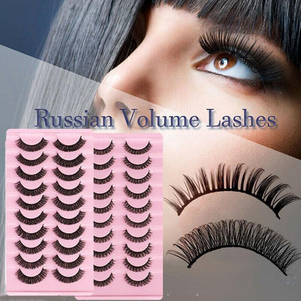 10Pairs Russian Style Strip Lashes D Curl Mink False Eyelashes Full Curled AU - Aimall