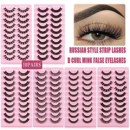 10Pairs Russian Style Strip Lashes D Curl Mink False Eyelashes Full Curled AU - Aimall