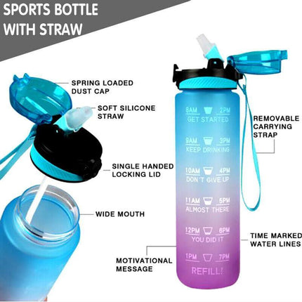 1L Water Bottle Motivational Drink Flask With Time Markings BPA Free Sport Gym - Aimall