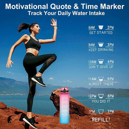 1L Water Bottle Motivational Drink Flask With Time Markings BPA Free Sport Gym - Aimall