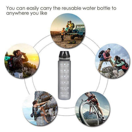 1L Water Bottle Motivational Drink Flask With Time Markings BPA Free Sport Gym - Aimall