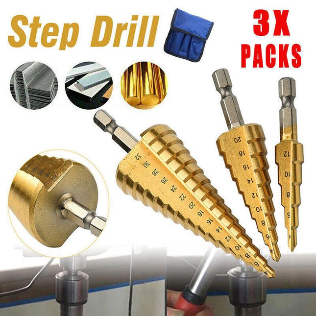 3Pcs Large HSS Steel Step Cone Drill Titanium Bit Set Hole Cutter 4-12/20/32mmAU - Aimall