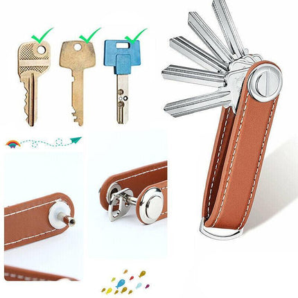 Men Leather Smart Key Holder Organizer Clip Compact Folder Keychain Black AU - Aimall
