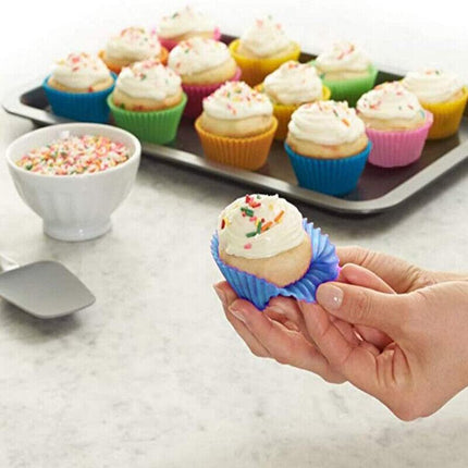 Colorful Silicone Muffin Cups filled with freshly baked muffins.