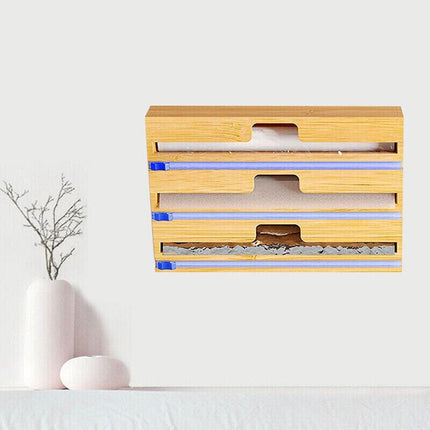 Bamboo Food Wrap Dispenser Cutter Foil Cling Film Storage Holder Box Kitchen AU - Aimall