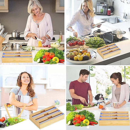 Bamboo Food Wrap Dispenser Cutter Foil Cling Film Storage Holder Box Kitchen AU - Aimall