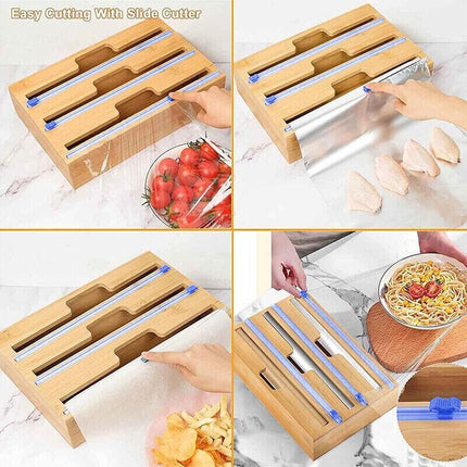 Bamboo Food Wrap Dispenser Cutter Foil Cling Film Storage Holder Box Kitchen AU - Aimall