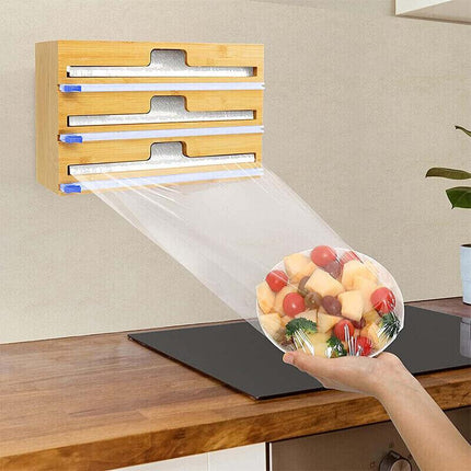 Bamboo Food Wrap Dispenser Cutter Foil Cling Film Storage Holder Box Kitchen AU - Aimall