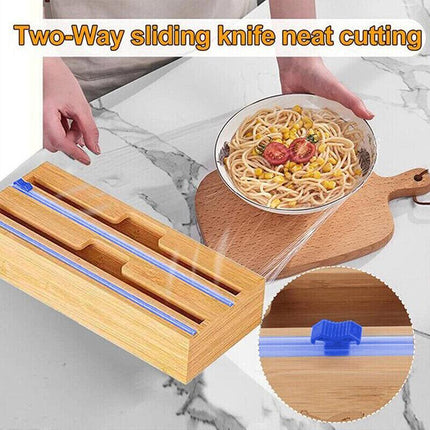 Bamboo Food Wrap Dispenser Cutter Foil Cling Film Storage Holder Box Kitchen AU - Aimall