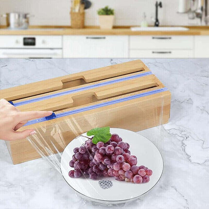 Bamboo Food Wrap Dispenser Cutter Foil Cling Film Storage Holder Box Kitchen AU - Aimall