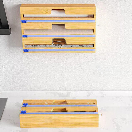 Bamboo Food Wrap Dispenser Cutter Foil Cling Film Storage Holder Box Kitchen AU - Aimall