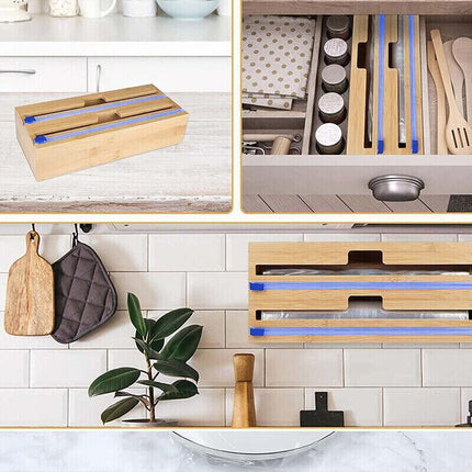 Bamboo Food Wrap Dispenser Cutter Foil Cling Film Storage Holder Box Kitchen AU - Aimall