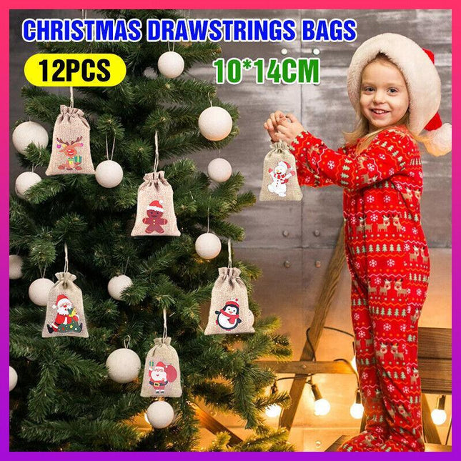 12X Christmas Drawstrings Linen Bags Burlap Goody Gift Bag Xmas Candy 10*14CM AU - Aimall