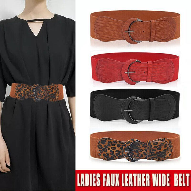 Women Ladies Faux Leather Wide Stretch Elastic Buckle Cinch Waist Wide Belt AU - Aimall