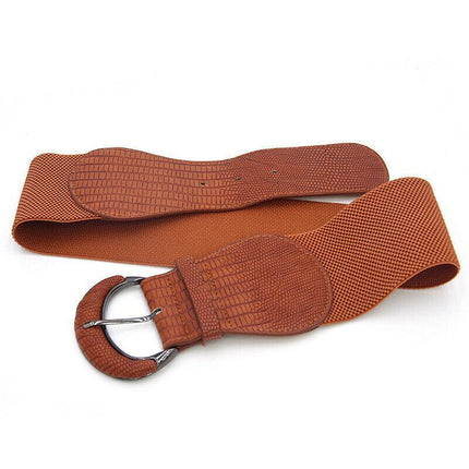 Women Ladies Faux Leather Wide Stretch Elastic Buckle Cinch Waist Wide Belt AU - Aimall
