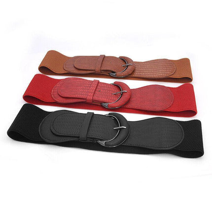 Women Ladies Faux Leather Wide Stretch Elastic Buckle Cinch Waist Wide Belt AU - Aimall