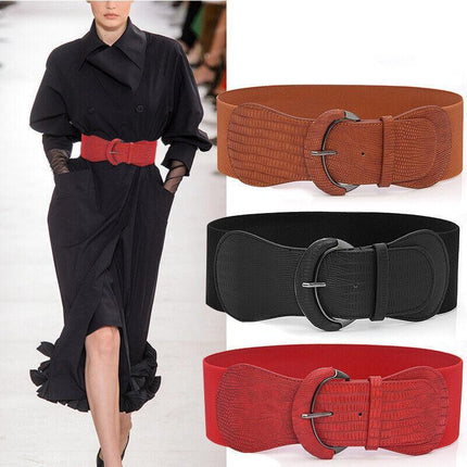 Women Ladies Faux Leather Wide Stretch Elastic Buckle Cinch Waist Wide Belt AU - Aimall
