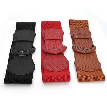 Women Ladies Faux Leather Wide Stretch Elastic Buckle Cinch Waist Wide Belt AU - Aimall