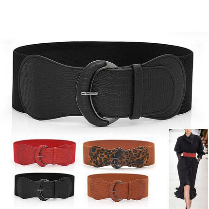 Women Ladies Faux Leather Wide Stretch Elastic Buckle Cinch Waist Wide Belt AU - Aimall