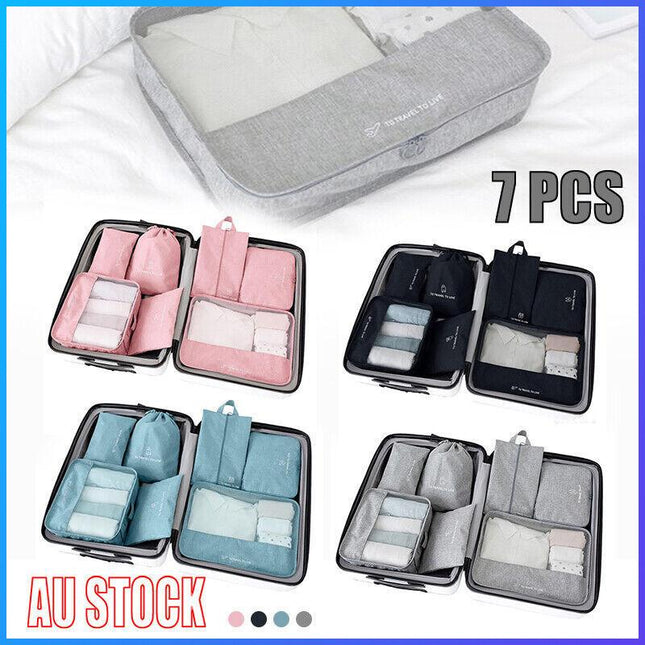 7Pcs Packing Cubes Travel Pouches Luggage Organiser Clothes Suitcase Storage Bag - Aimall