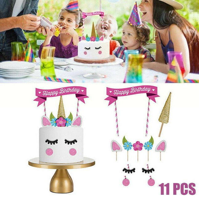 HOT!! 11Pcs Unicorn Happy Birthday Cake Topper Set eyes ear Kids Girls Decoratio - Aimall
