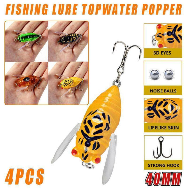 4x Winged Cicada 40mm Fishing Lure Topwater Popper Freshwater Bream Bass Bream - Aimall