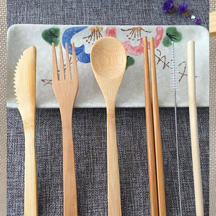 7PCS Reusable Bamboo Cutlery Set Eco Friendly Camping Travel Fork Kit Portable A - Aimall