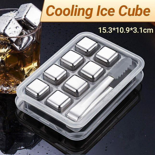 Stainless Steel Whiskey Stones x 8 Ice Cubes With Tong Reusable Cooling Ice Cube - Aimall