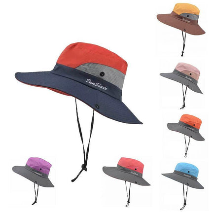 Women Wide Brim Ponytail Hat Sun Protect Visor Summer Beach Cap Anti UV Floppy - Aimall