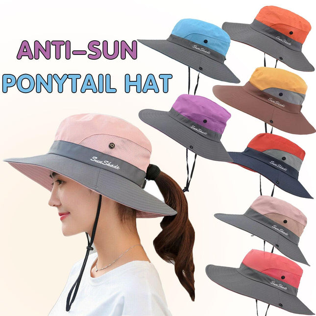 Women Wide Brim Ponytail Hat Sun Protect Visor Summer Beach Cap Anti UV Floppy - Aimall