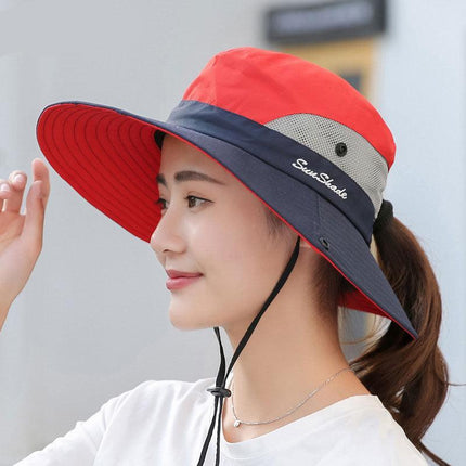 Women Wide Brim Ponytail Hat Sun Protect Visor Summer Beach Cap Anti UV Floppy - Aimall