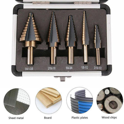 5PCS HSS Step Steel Cone Drill Hole Cutter Titanium Bits Set Kit + Aluminum Case - Aimall