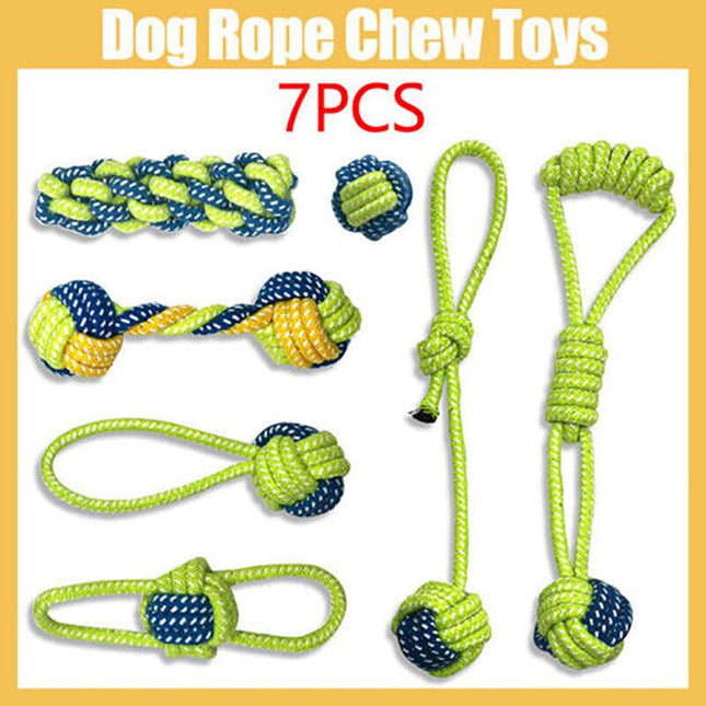7Pcs Dog Rope Chew Toys Kit Tough Strong Knot Ball Pet Puppy Cotton Teething Toy - Aimall