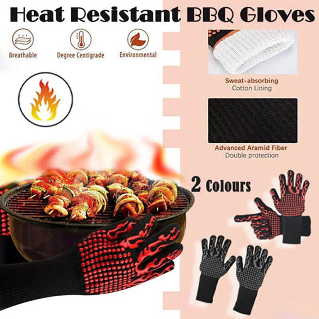 2x Heat Proof Resistant Oven BBQ Gloves 35cm Kitchen Cooking Silicone Mitt NEW - Aimall