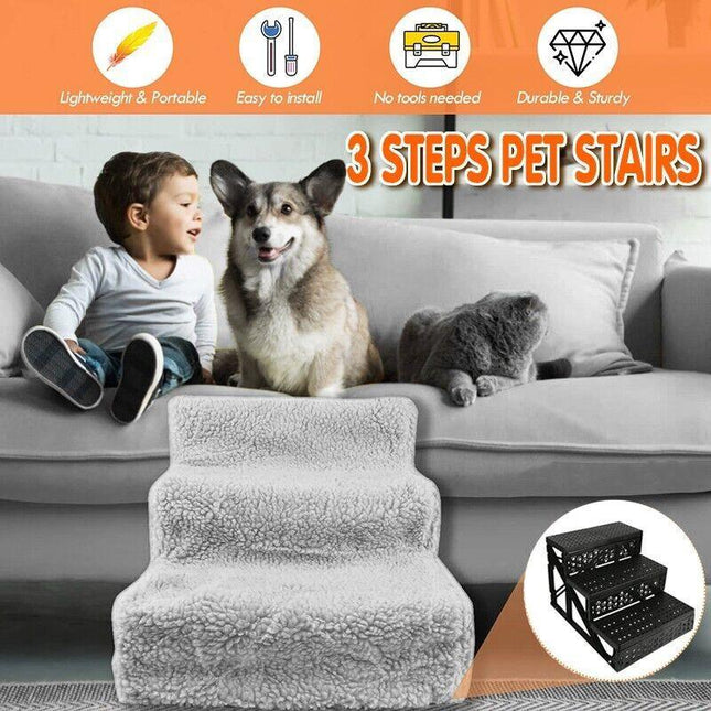 3 Steps Pet Stairs Portable Cat Dog Ladder w/ Cover Step Ramp Climb For Pup Play - Aimall