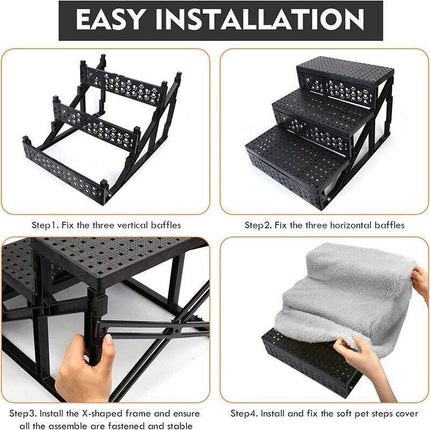 3 Steps Pet Stairs Portable Cat Dog Ladder w/ Cover Step Ramp Climb For Pup Play - Aimall