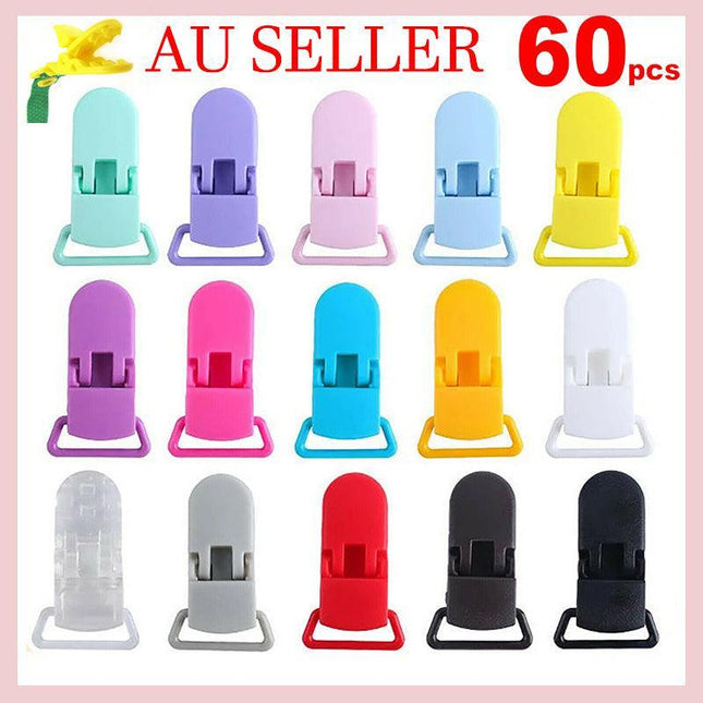60 Random Colored Plastic Baby Pacifier Suspender Dummy Clip Badge Holder Craft - Aimall