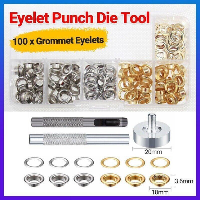 Eyelet Punch Die Tool Kits +100set 6mm Eyelets Grommet Washer For Leather Craft - Aimall
