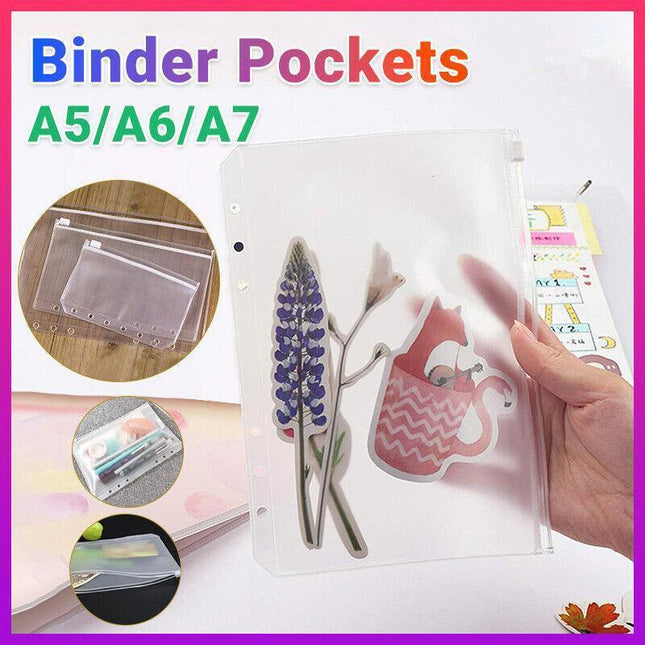 12x A5/A6/A7 Binder Pocket Zipper 6 Holes PVC Document Filling Bags Clear Kit - Aimall