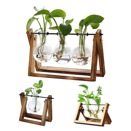 Wooden Stand Hanging Glass Vase Terrarium Hydroponics Container Pot Decor AU - Aimall