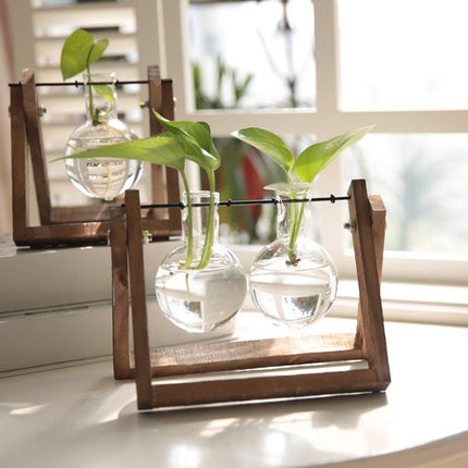 Wooden Stand Hanging Glass Vase Terrarium Hydroponics Container Pot Decor AU - Aimall