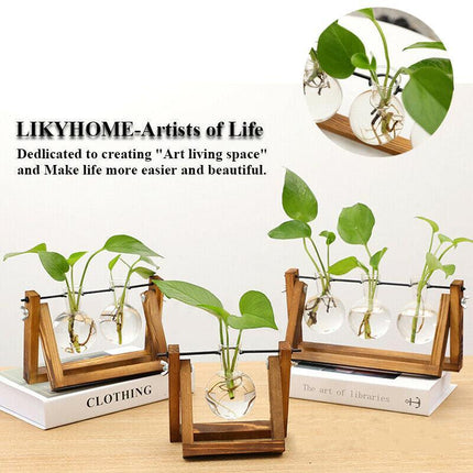 Wooden Stand Hanging Glass Vase Terrarium Hydroponics Container Pot Decor AU - Aimall