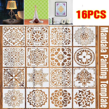 16 Pack Mandala Painting Stencils Drawing Dot Templates For Floor Wall DIY Decor - Aimall