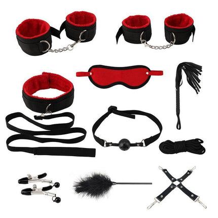 14PCS Bondage Set BDSM Restraint Ball Gag Fetish Handcuffs Couples Sex Whip Toy - Aimall