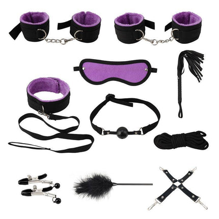 14PCS Bondage Set BDSM Restraint Ball Gag Fetish Handcuffs Couples Sex Whip Toy - Aimall