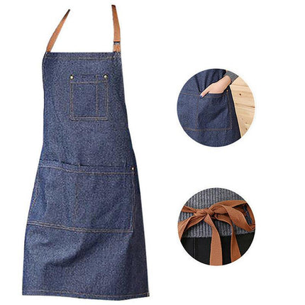 Adjustable Denim Apron Pocket Hanging Neck Cooking Kitchen Baking Bar Cafe Chefs - Aimall