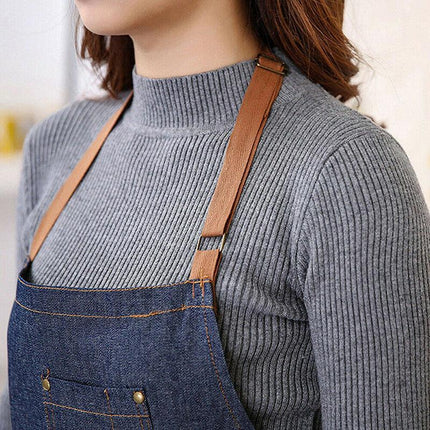 Adjustable Denim Apron Pocket Hanging Neck Cooking Kitchen Baking Bar Cafe Chefs - Aimall