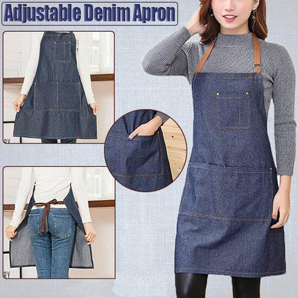 Adjustable Denim Apron Pocket Hanging Neck Cooking Kitchen Baking Bar Cafe Chefs - Aimall